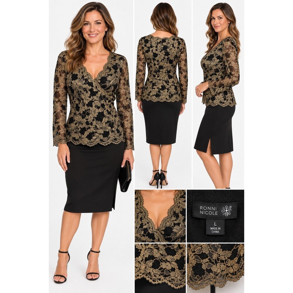 Ronni Nicole Women’s Large Black Gold Metallic Lace V Neck Long Sleeve Top